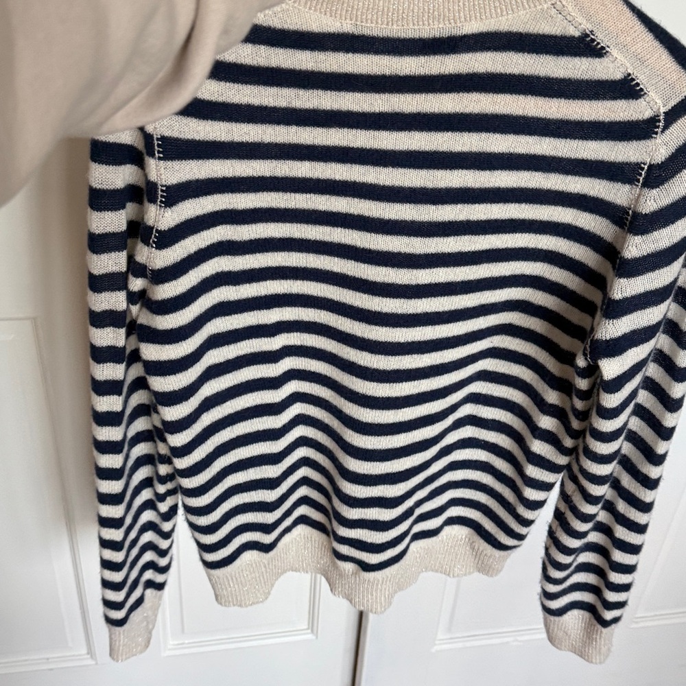360 Cashmere Navy and Cream Striped Crewneck Sweater - Picture 4 of 6